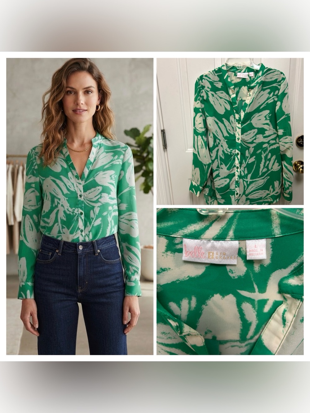 Belle by Kim Gravel Sheer Cream & Green Button Front Blouse -Botanical Leaf